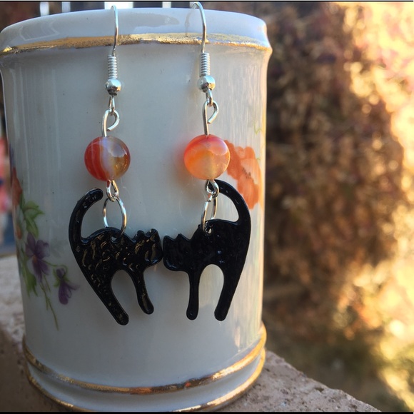 Orange Agate Black Cat Dangle Earrings - Picture 3 of 5